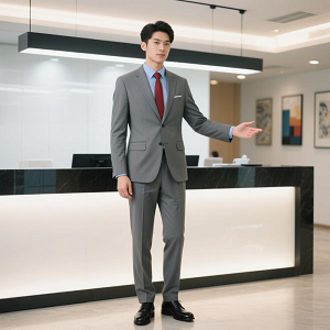 夏季灰色男士職業裝前臺商務西服套裝定制藍襯衫紅領帶300