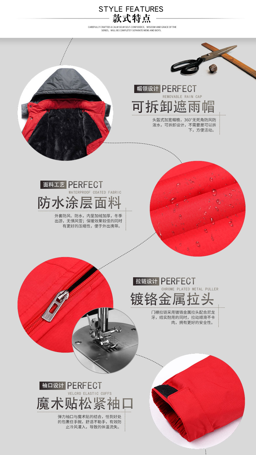 連帽加絨防水棉服—款式特點(diǎn)